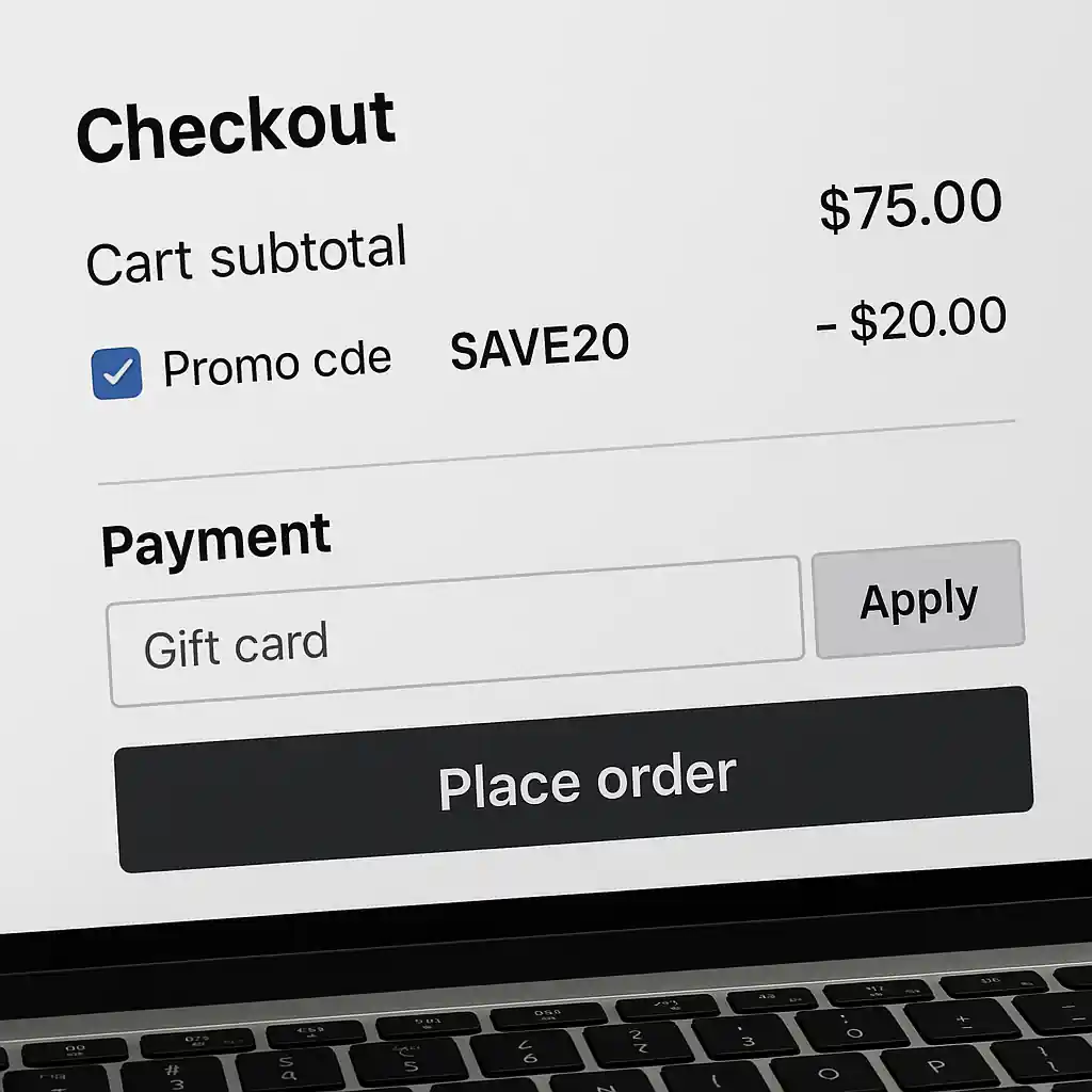 Laptop screen with Home Depot online cart showing applied promo code and gift card payment fields