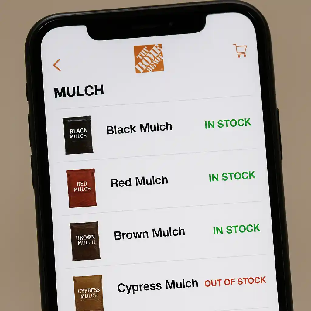Smartphone displaying Home Depot app mulch availability and price