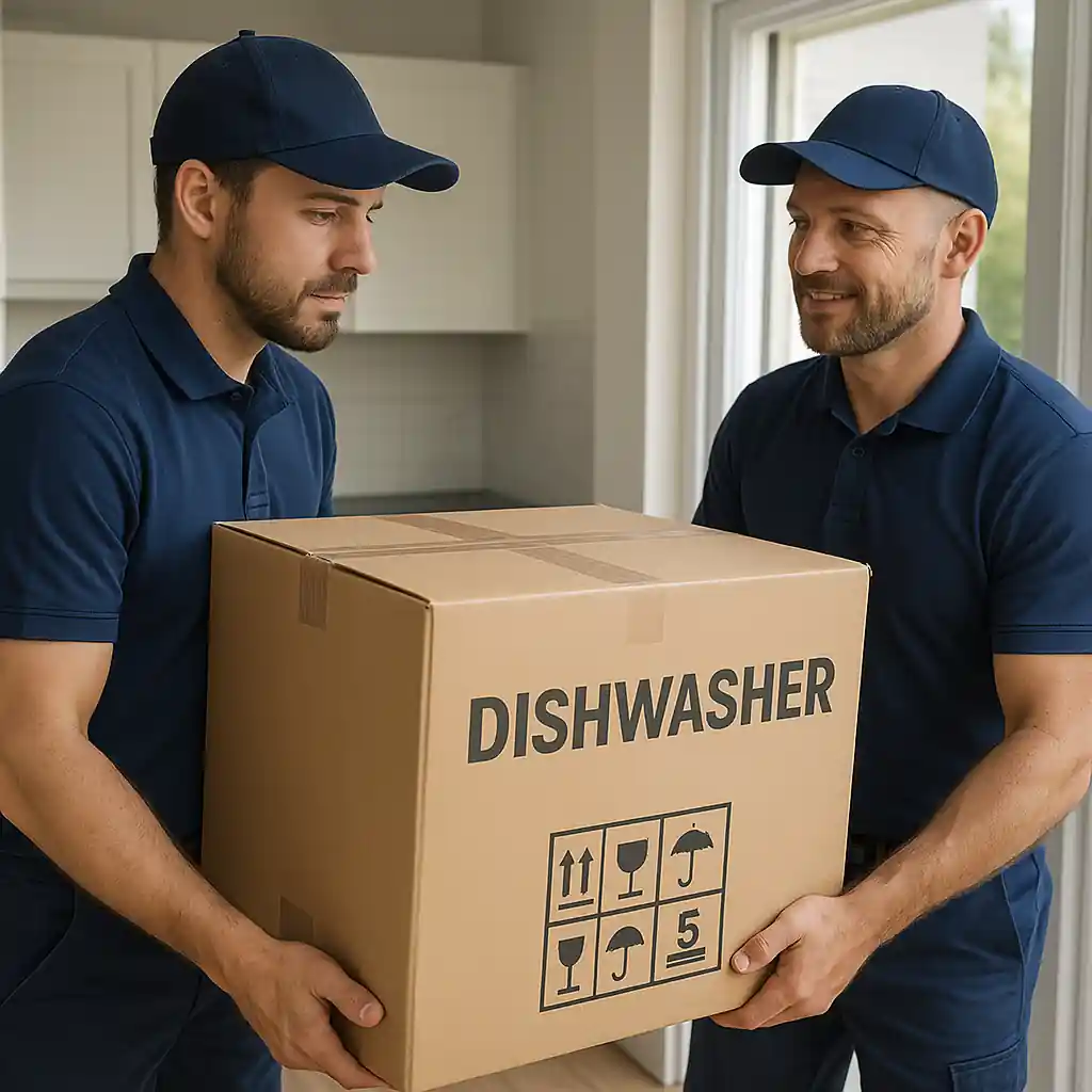 Delivery team carrying a boxed dishwasher into a kitchen