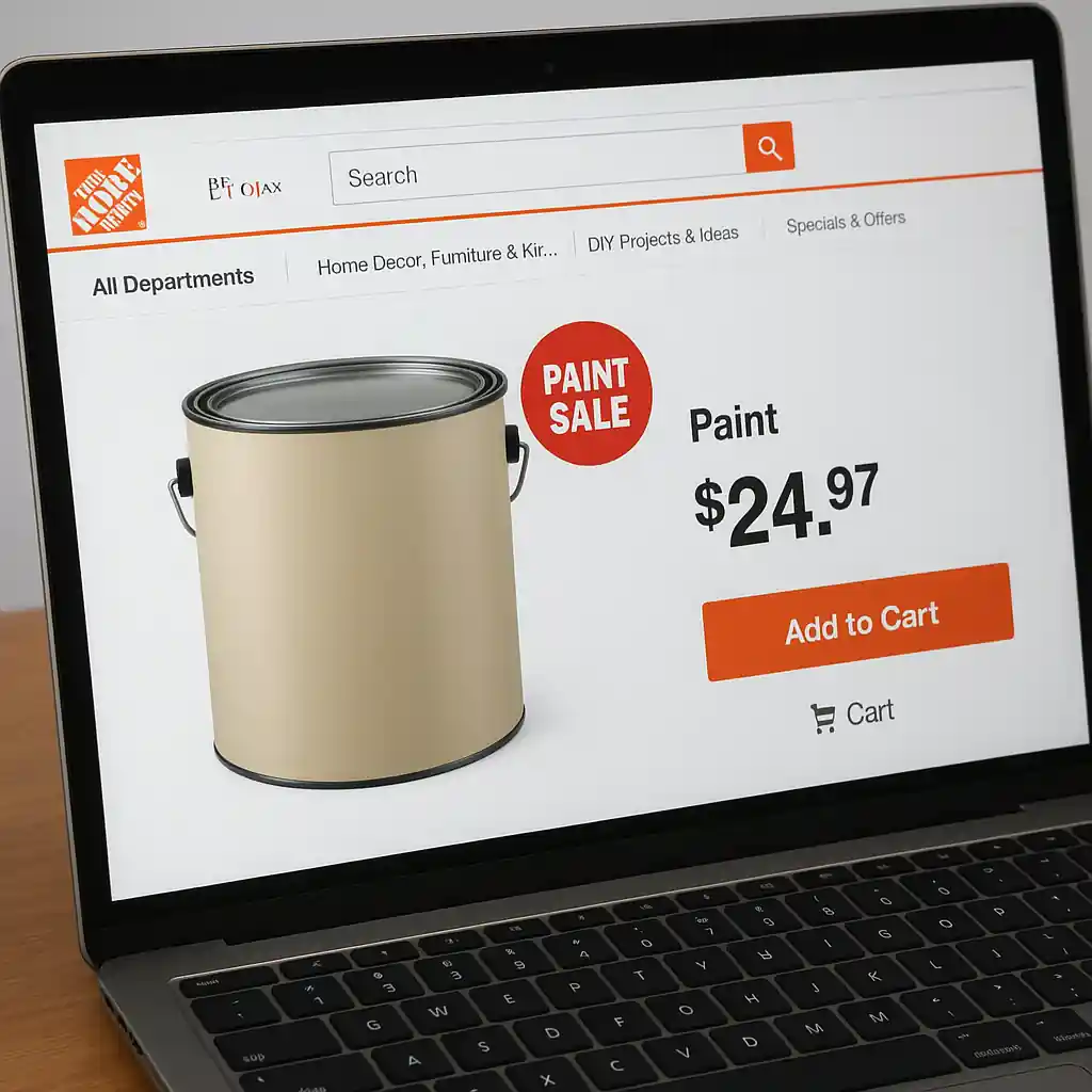 Laptop screen showing a Home Depot paint product page with sale price and cart view