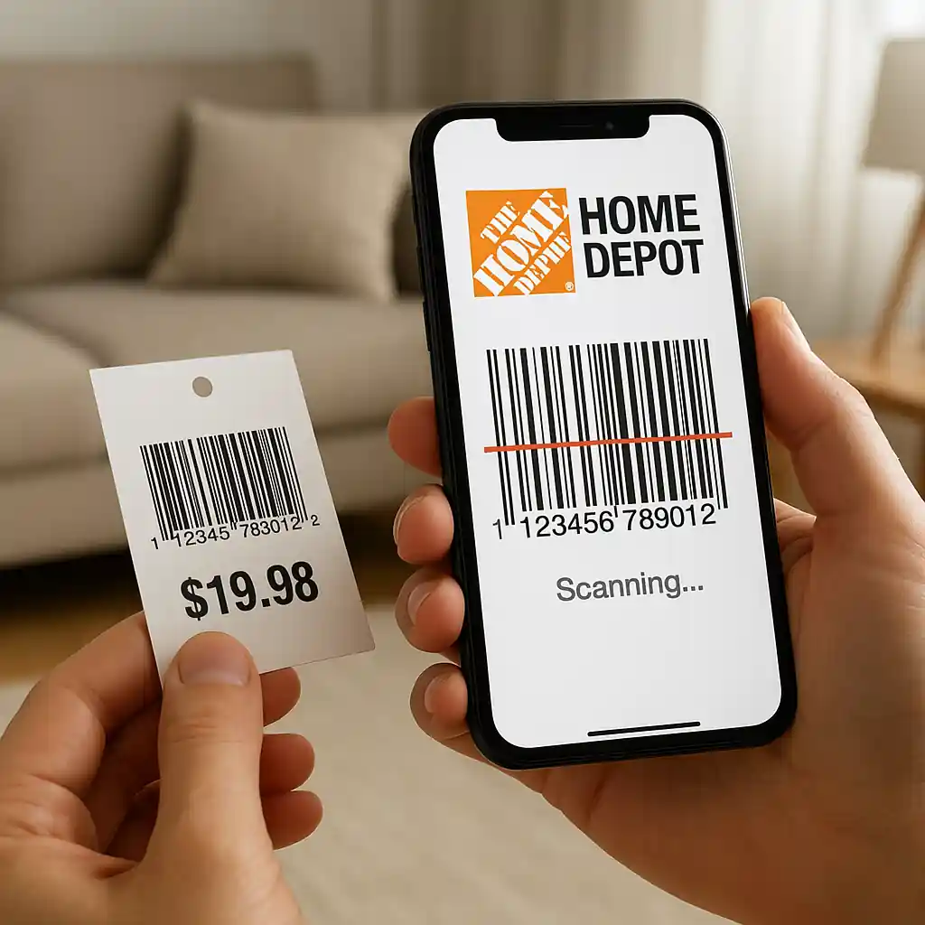 Smartphone scanning a store barcode with the Home Depot app open
