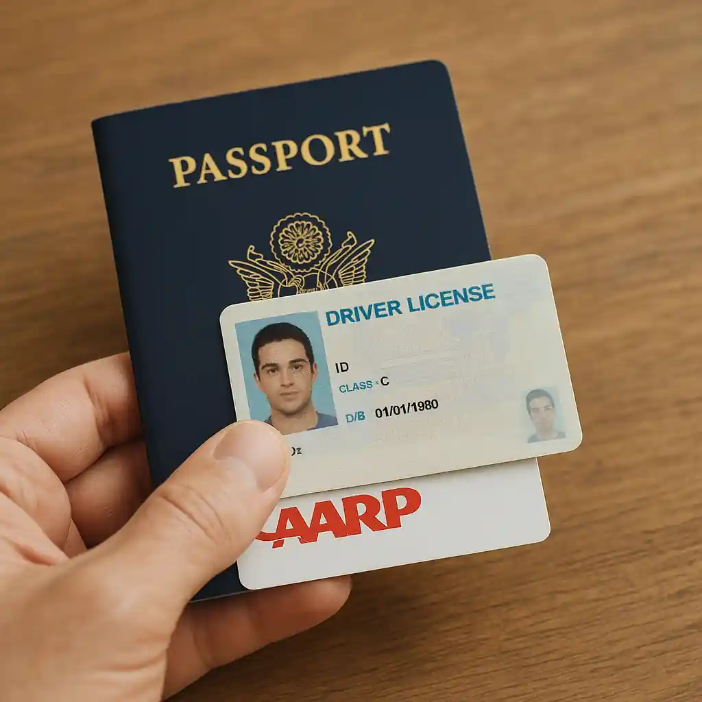 Driver license and passport next to an AARP card for senior proof