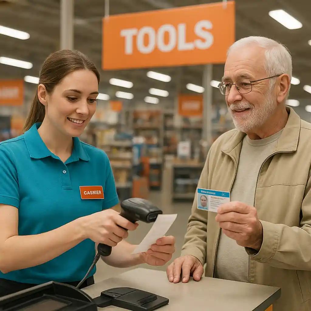 Senior presenting ID at Lowe's counter to confirm a senior discount