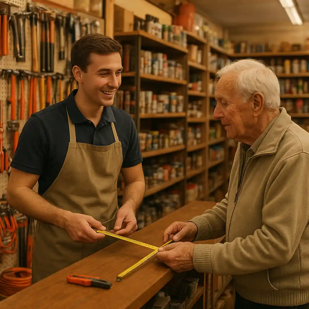 Older customer receiving help from a hardware store employee while shopping for tools and supplies