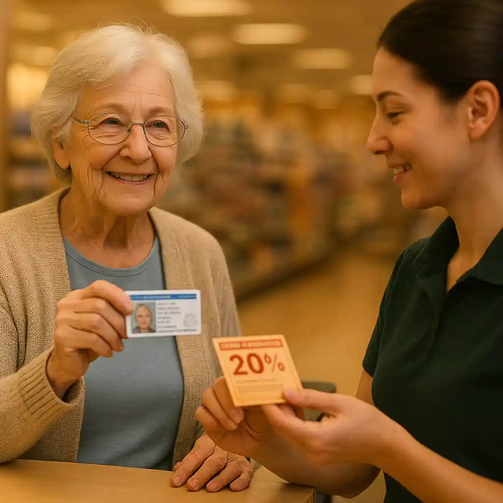 Senior presenting ID to verify eligibility for Lowe's senior savings and lowes discount for seniors proof