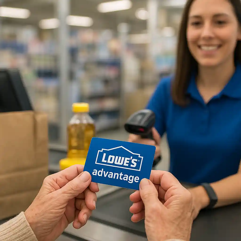 Senior showing Lowe's Advantage Card at register to get discounts and perks