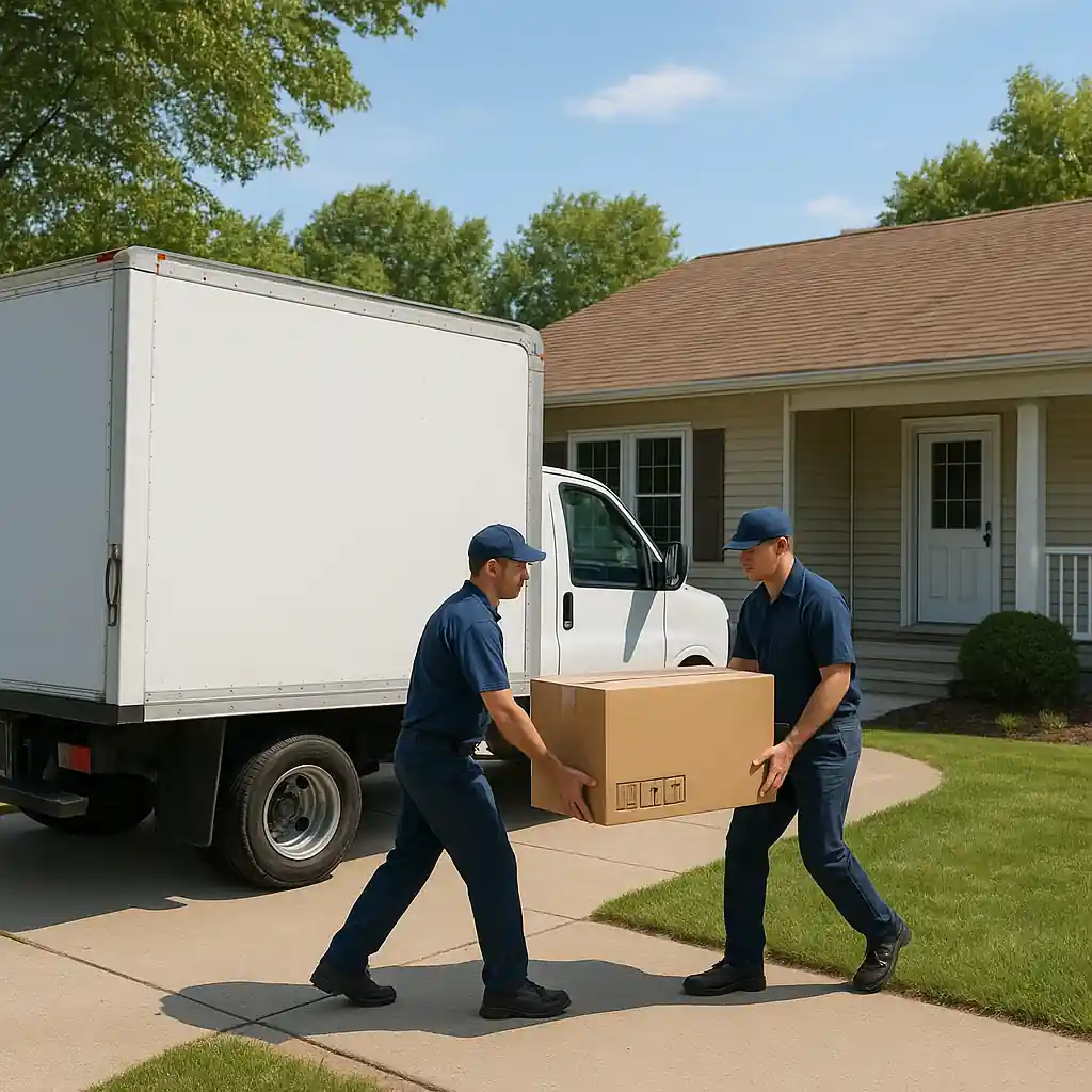 Delivery crew carrying a refrigerator to a home, illustrating a Lowes delivery service that may include discounts for seniors