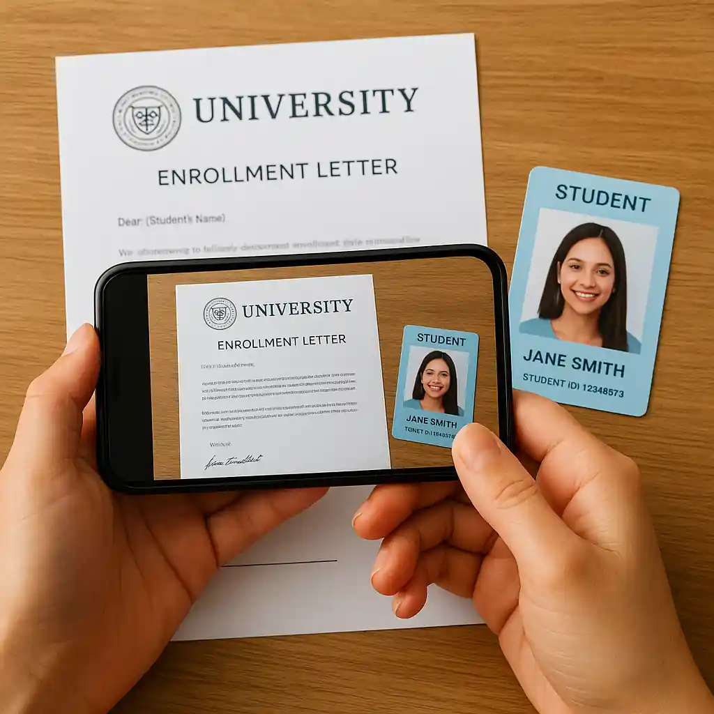 Smartphone photographing student enrollment letter and campus ID