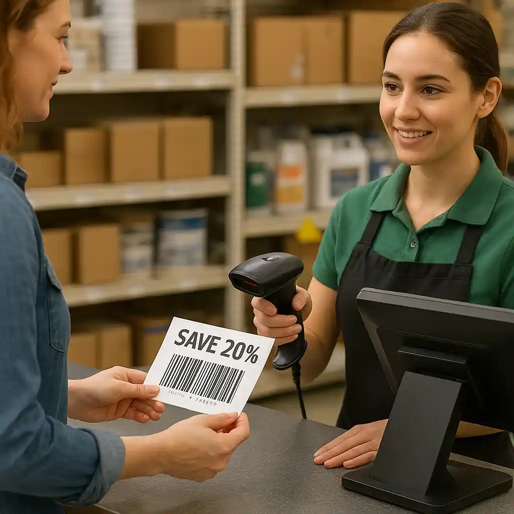 Cashier scanning lowes coupon 10 barcode at checkout counter