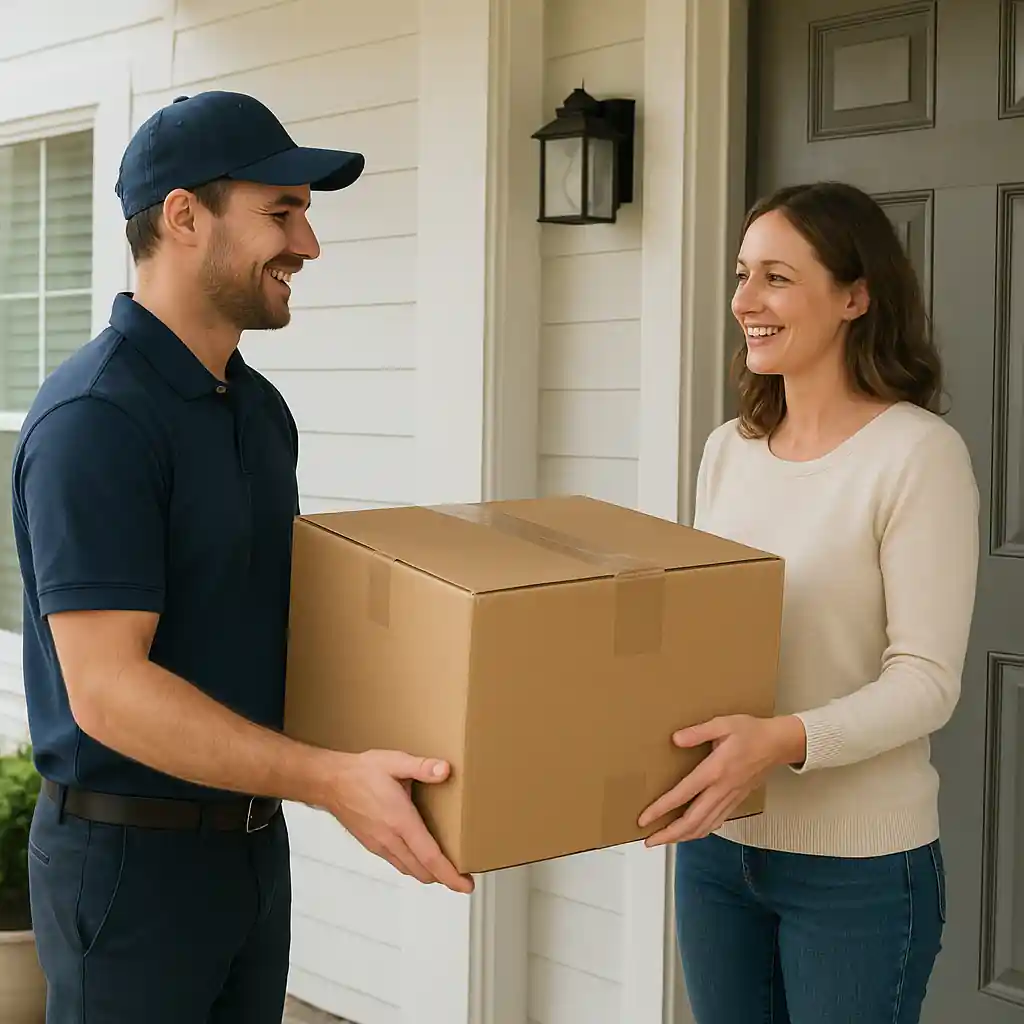 Homeowner receives delivery while checking lowes coupon confirmation on phone
