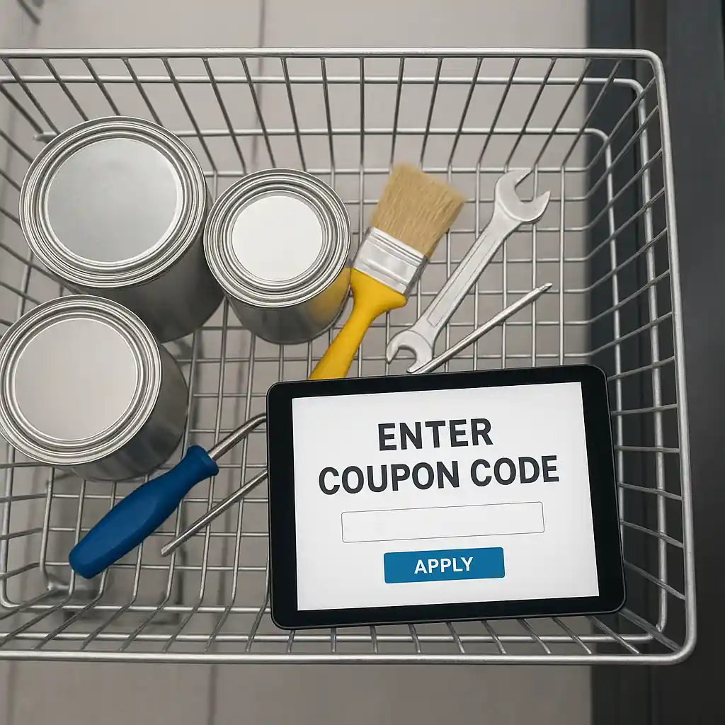 Shopping cart with items near a Lowe's coupon entry screen