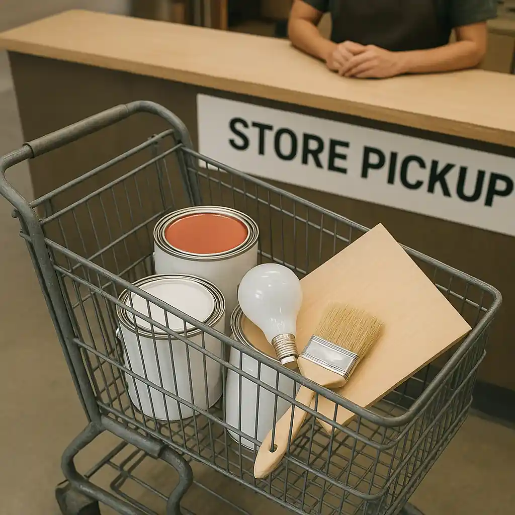 Shopping cart with items that qualify for a lowes coupon 10 near a store pickup counter