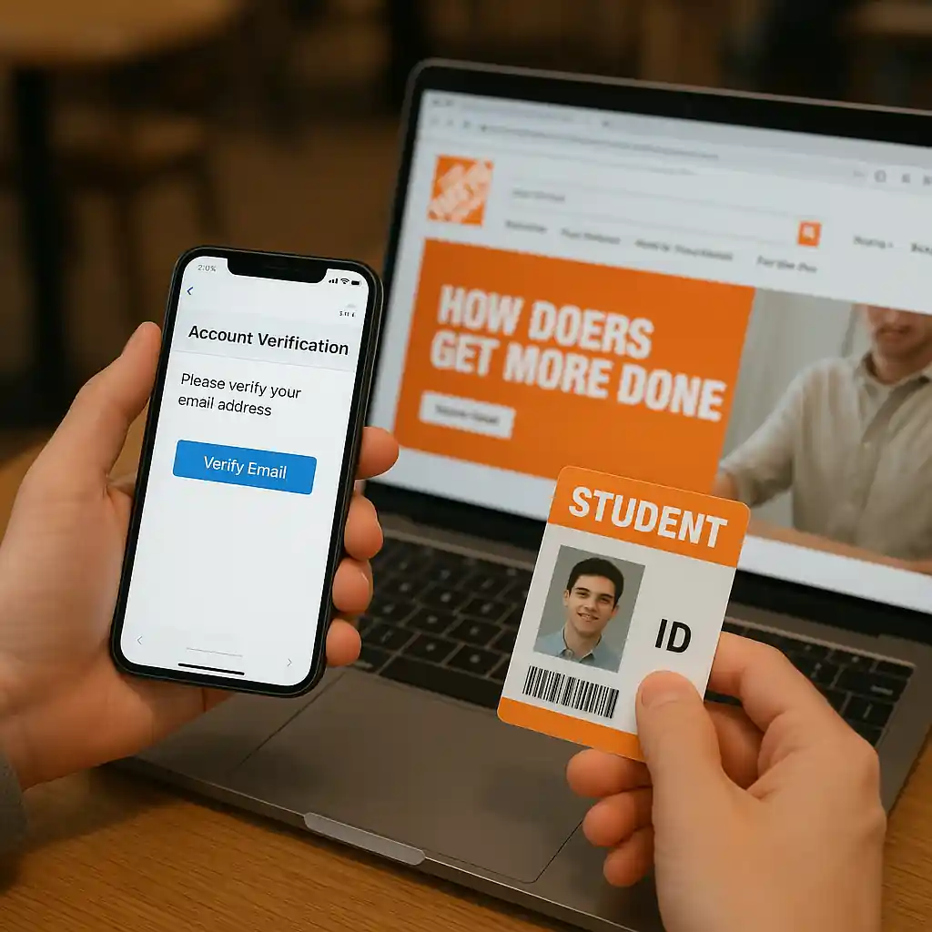 Student verifying enrollment on phone next to laptop with Home Depot website open