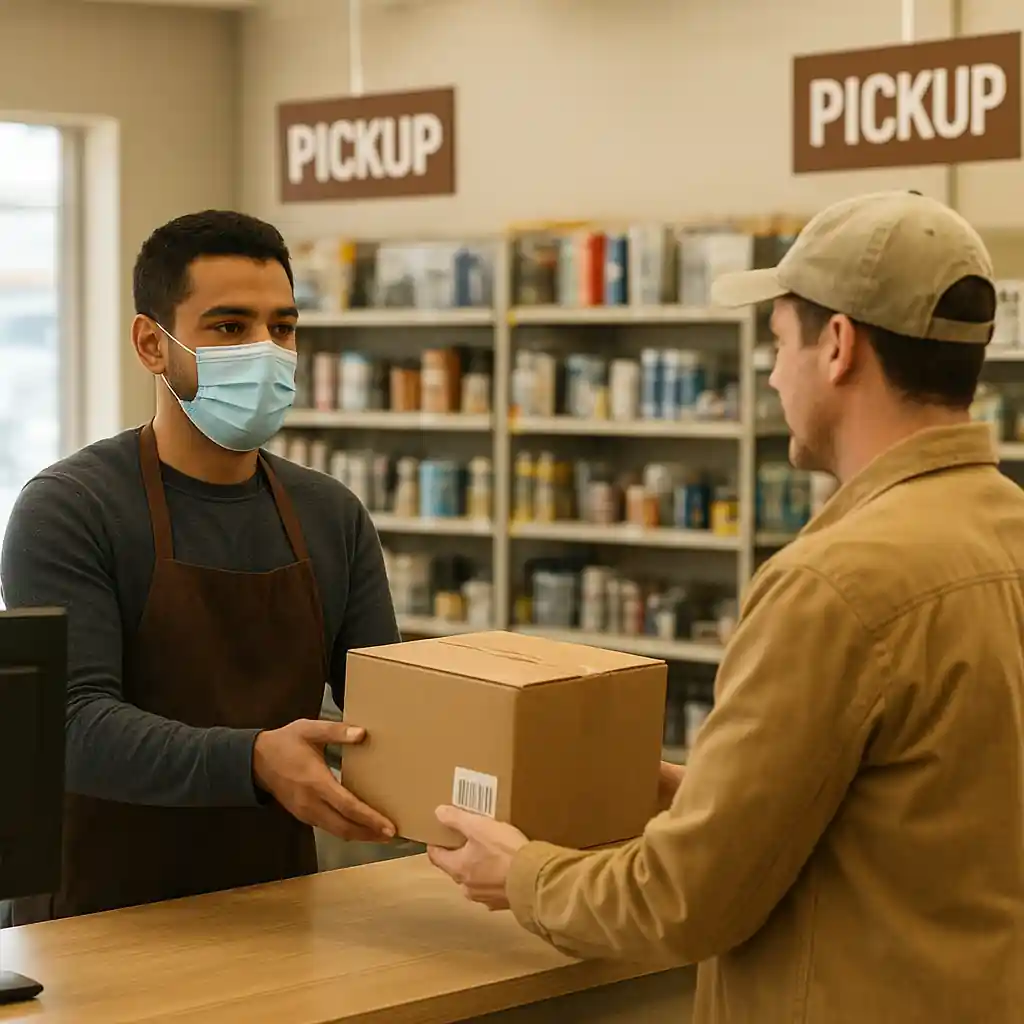 Customer receiving a pickup order at a hardware store counter