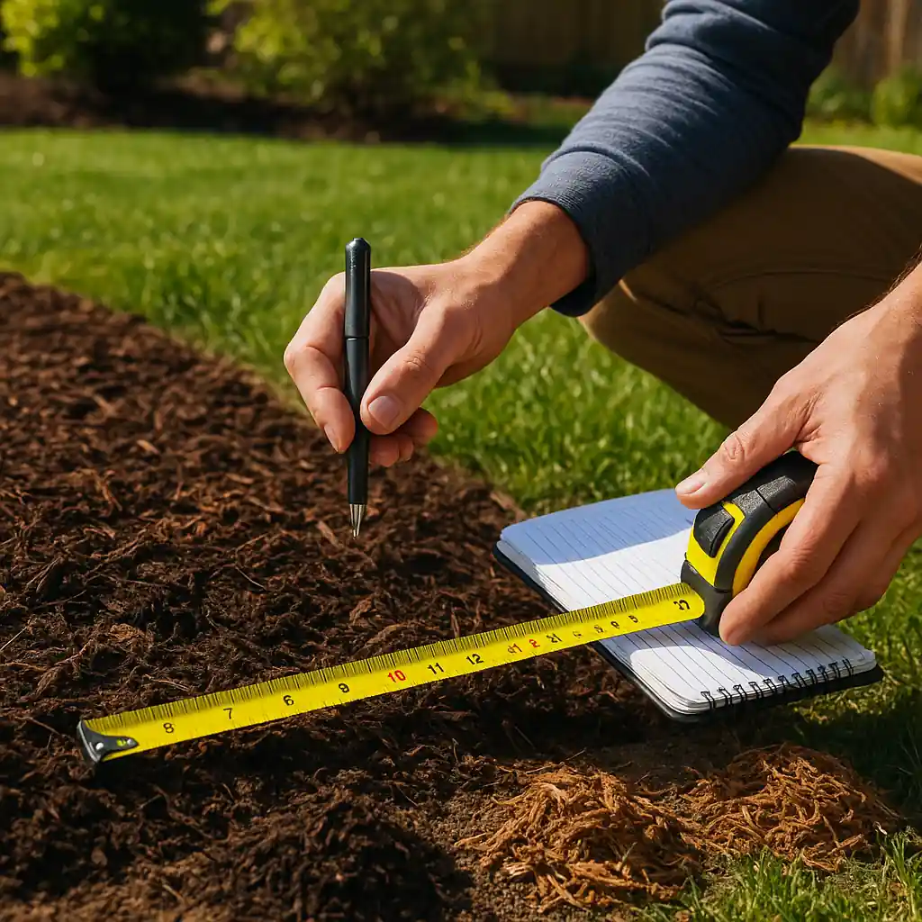 Homeowner measuring a garden bed before buying mulch to calculate bags needed