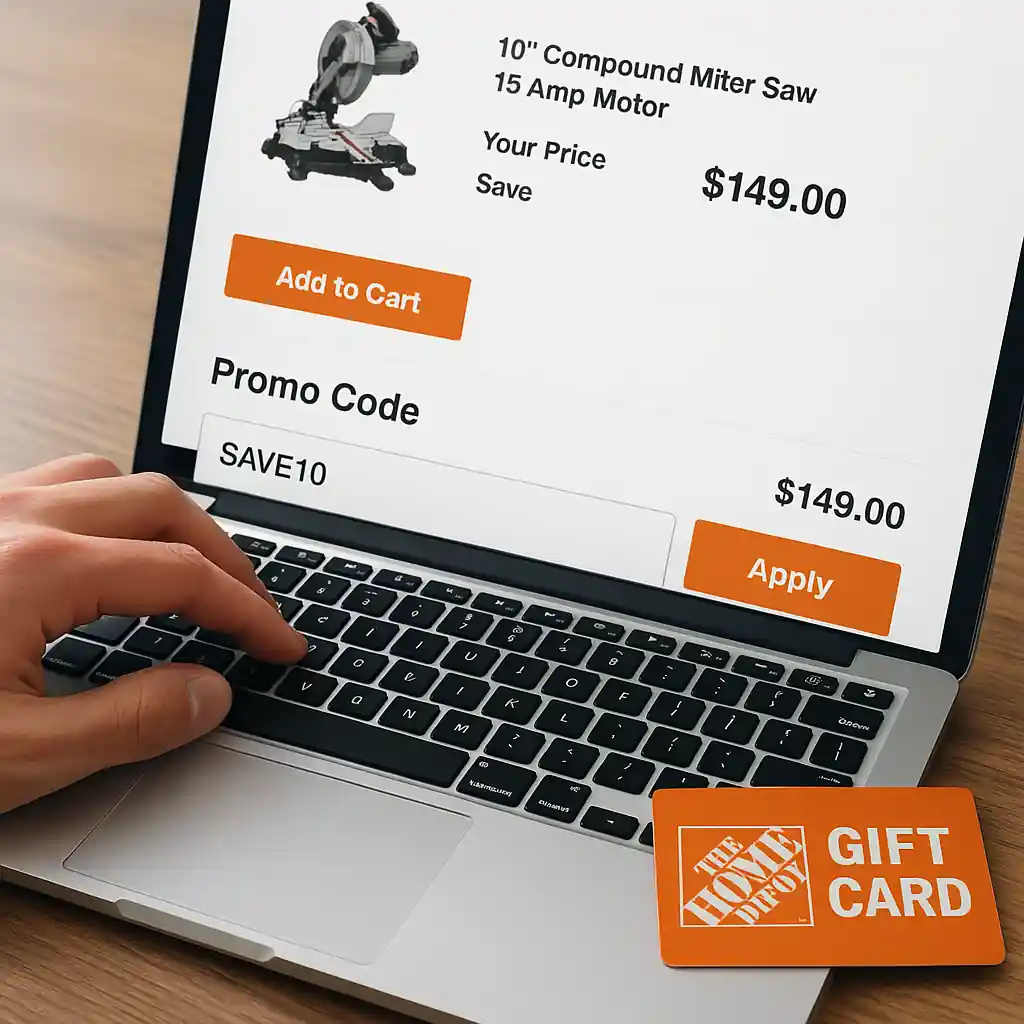 Entering a promo code at checkout with Home Depot product and gift card nearby