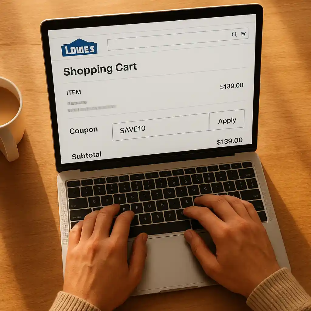 Typing a coupon code into a Lowe's online cart discount field on a laptop