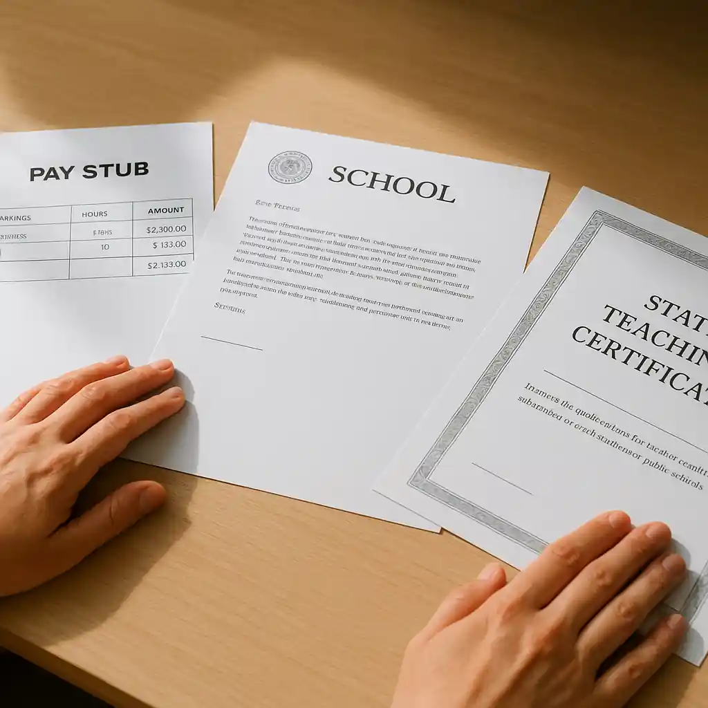 Documents for educator discount verification including a pay stub and educator certificate