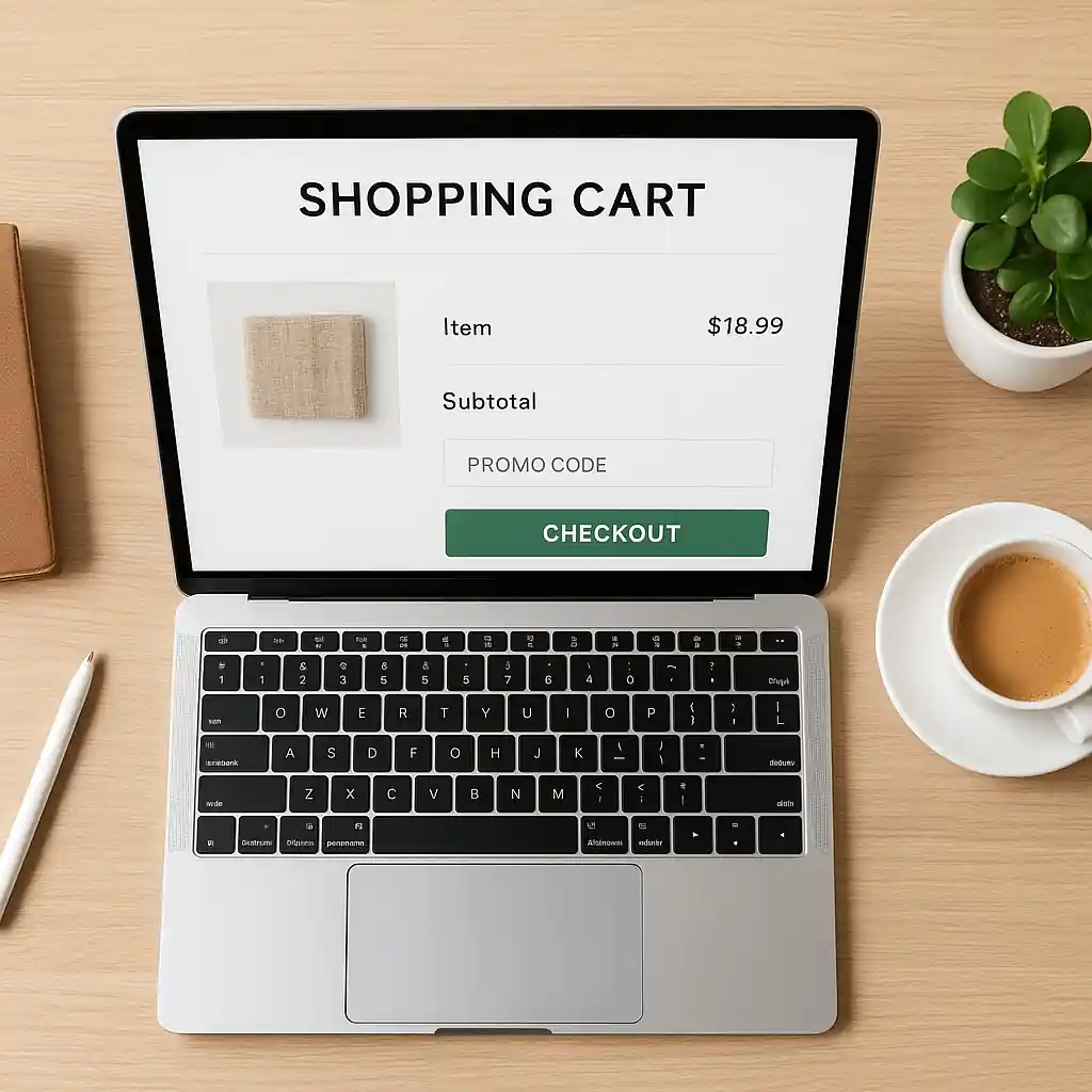 Online shopping cart open on laptop with promo code field visible