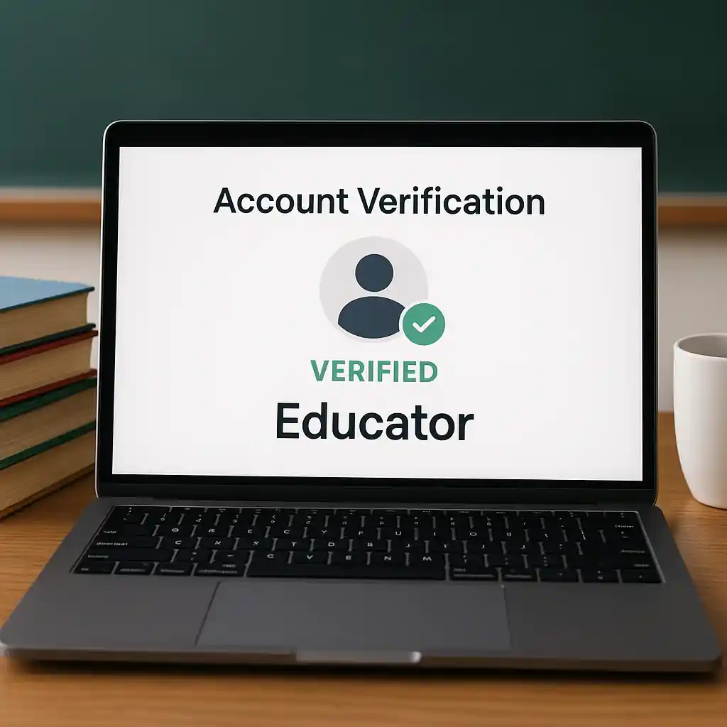 Laptop showing educator account verification badge on a desk with books and a coffee mug