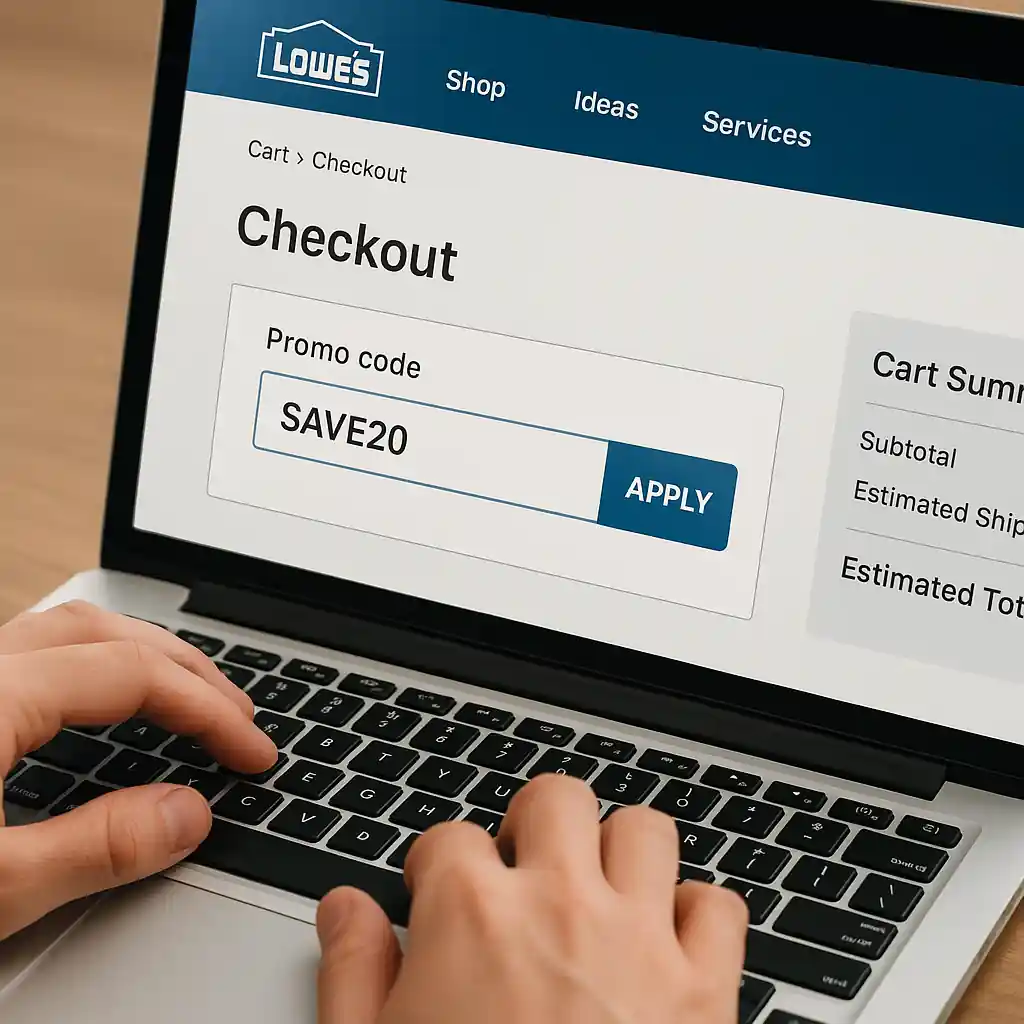 Entering online coupon Lowes code at checkout on laptop