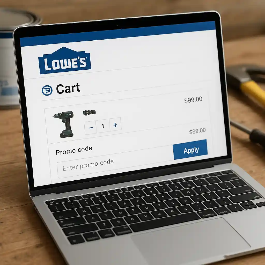 Laptop screen showing Lowe's cart and promo code field with home improvement supplies