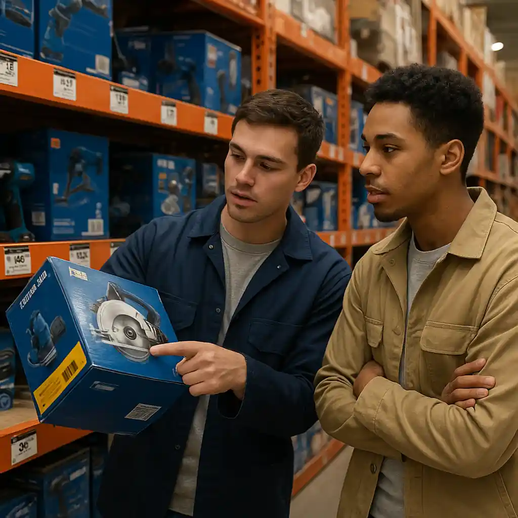 Trade students comparing power tools at Home Depot, shopping for tools and savings