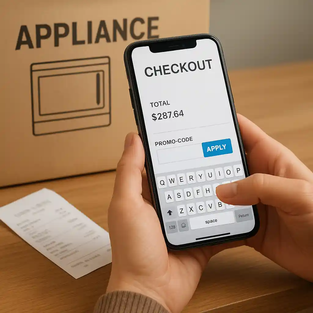 Person entering a promo code on a smartphone during checkout with appliance box and receipt on table