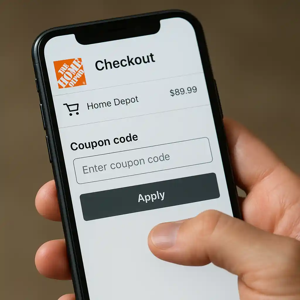 Phone screen showing Home Depot checkout and coupon code field