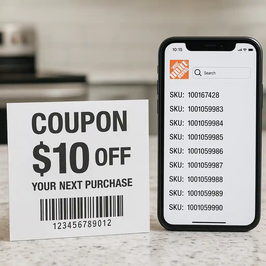 Printed Home Depot coupon next to smartphone displaying product SKUs and prices