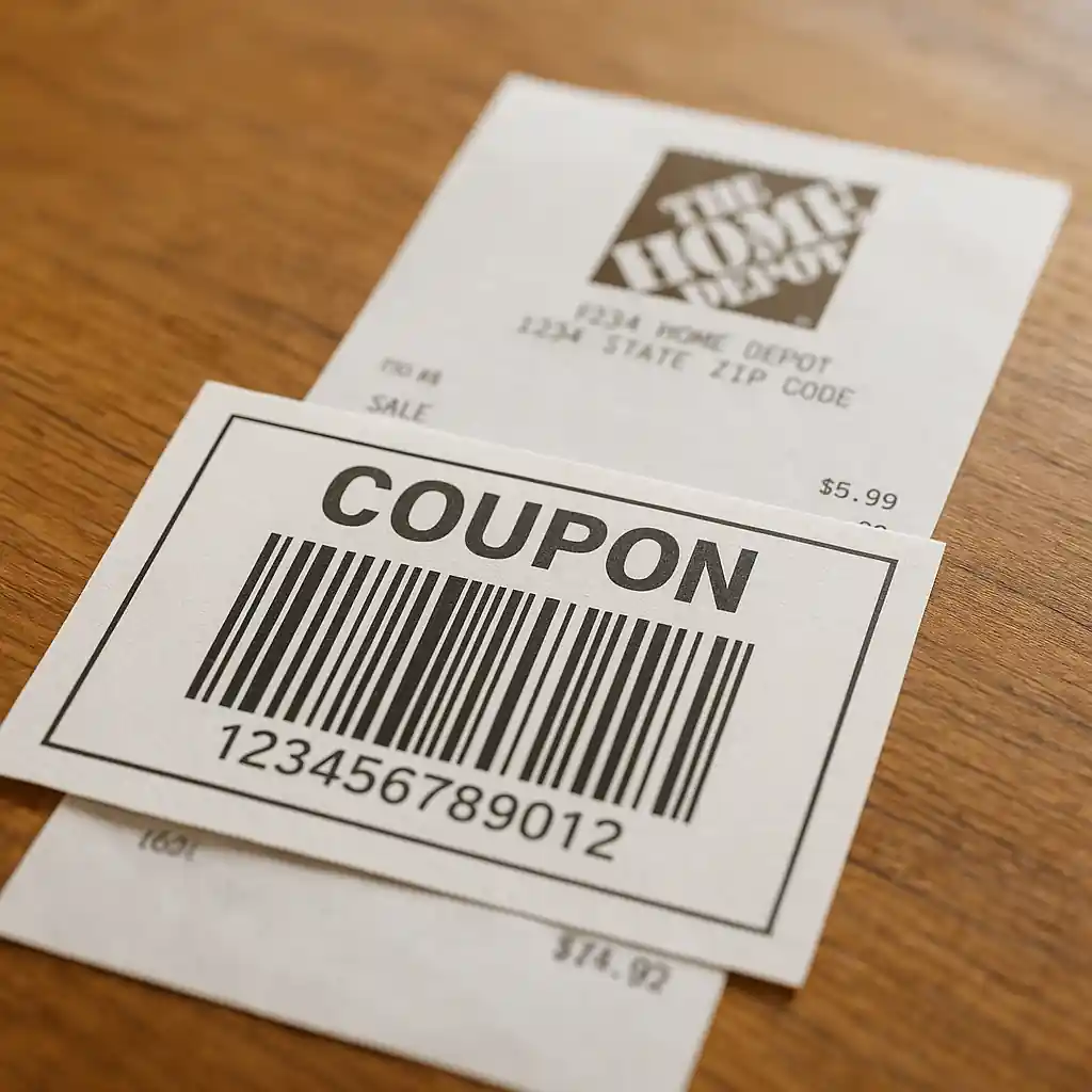 Printed 20 percent off home depot coupon printable barcode on a receipt