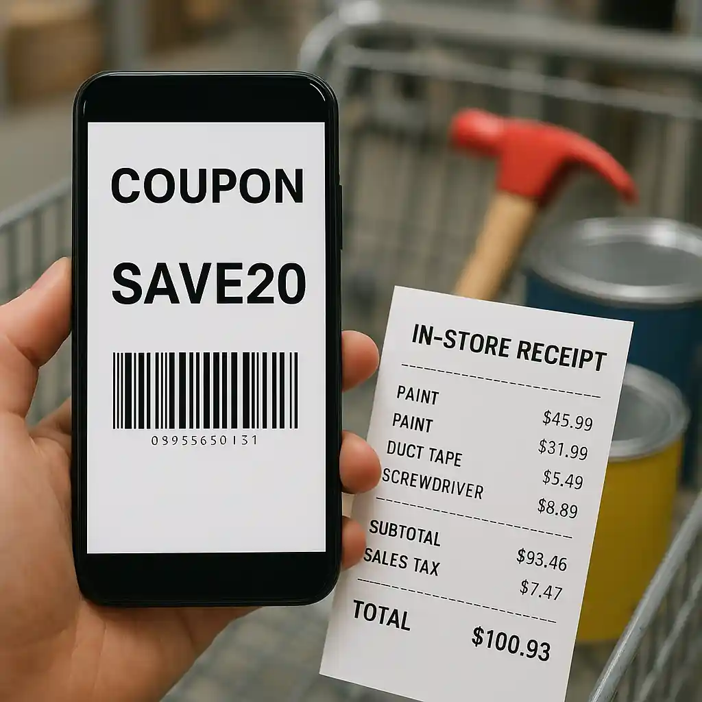 Phone displaying a digital coupon code next to a receipt and a cart of hardware items