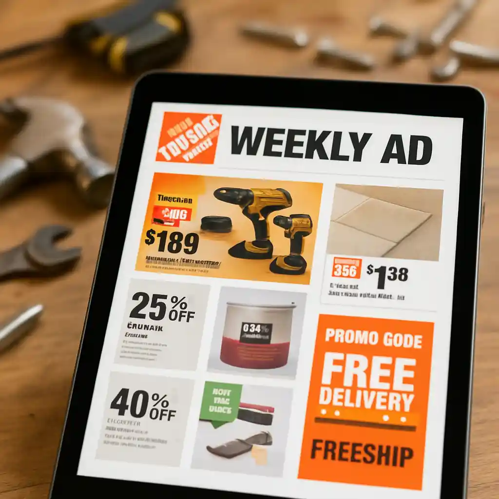 Tablet displaying Home Depot promo codes and weekly ad near tools and hardware