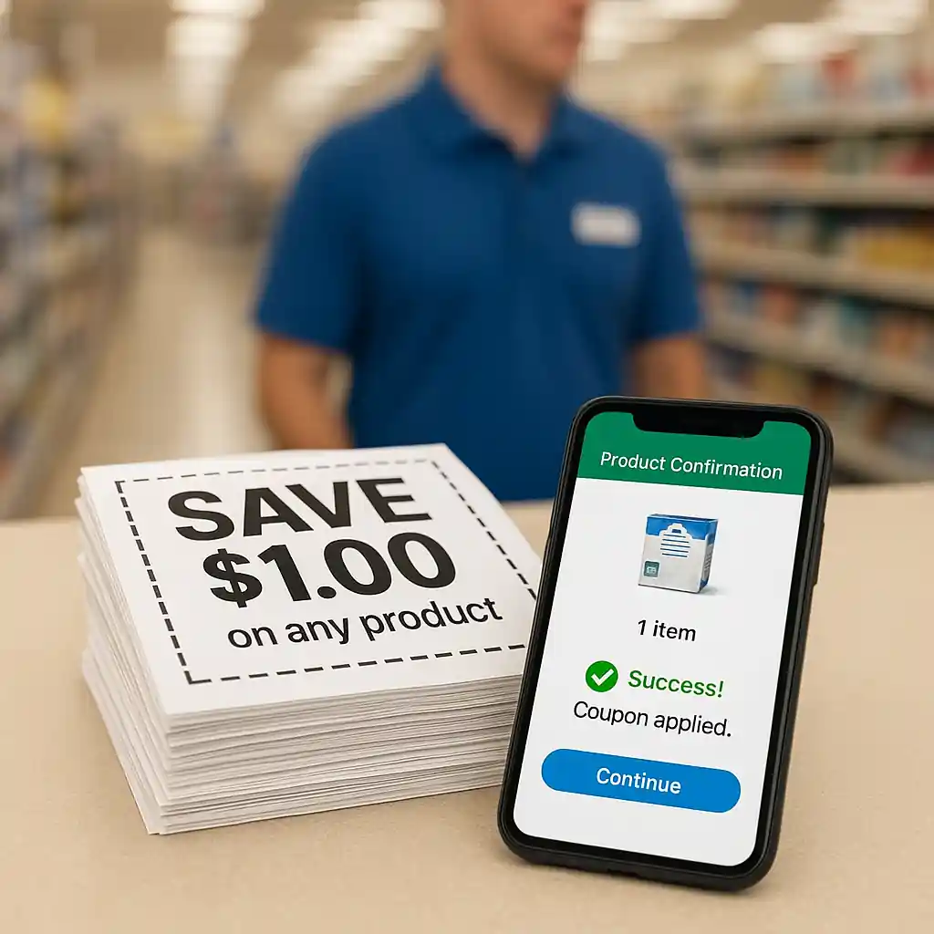 Stack of printed coupons including a 20 percent off Home Depot coupon printable next to a phone showing the confirmation page
