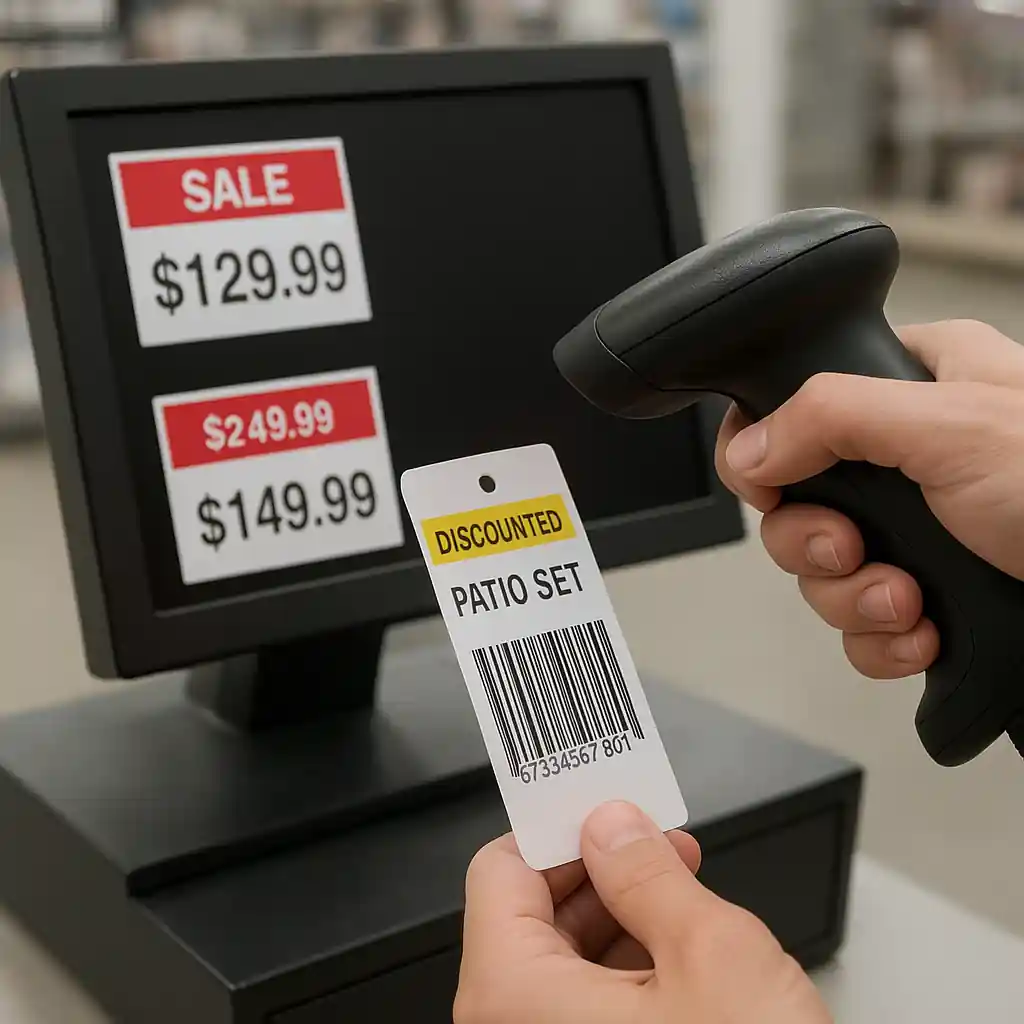 Cashier scanning a clearance patio set barcode at checkout with visible price tags