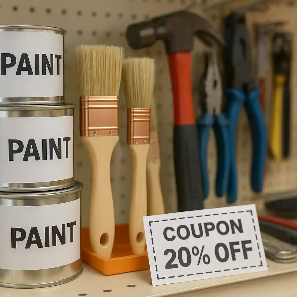 Paint cans and tools near a coupon in a home improvement aisle