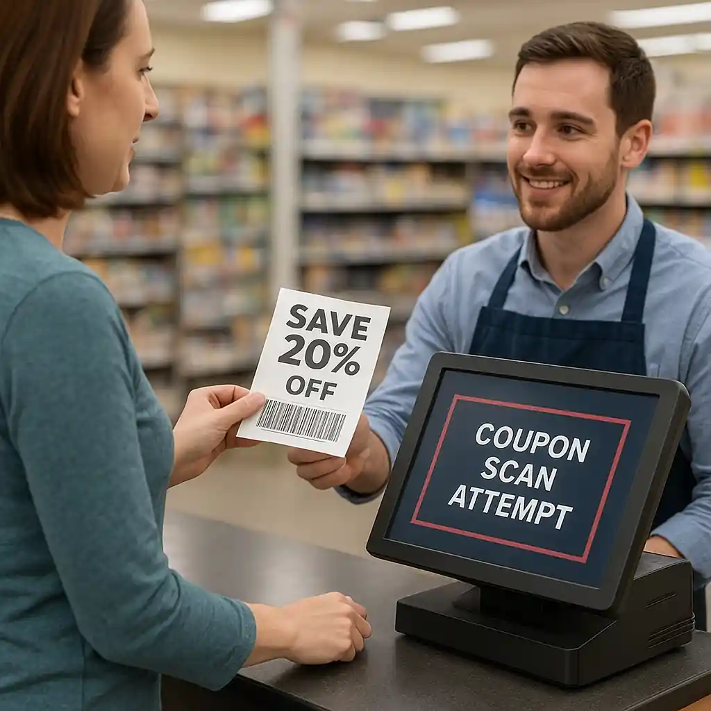 Shopper presenting a printed Home Depot coupon to a cashier for scanning