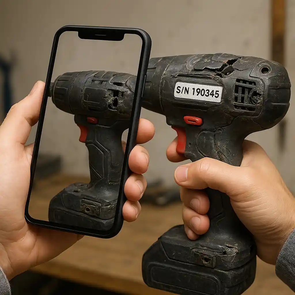 Person photographing a damaged power tool serial number for a warranty claim