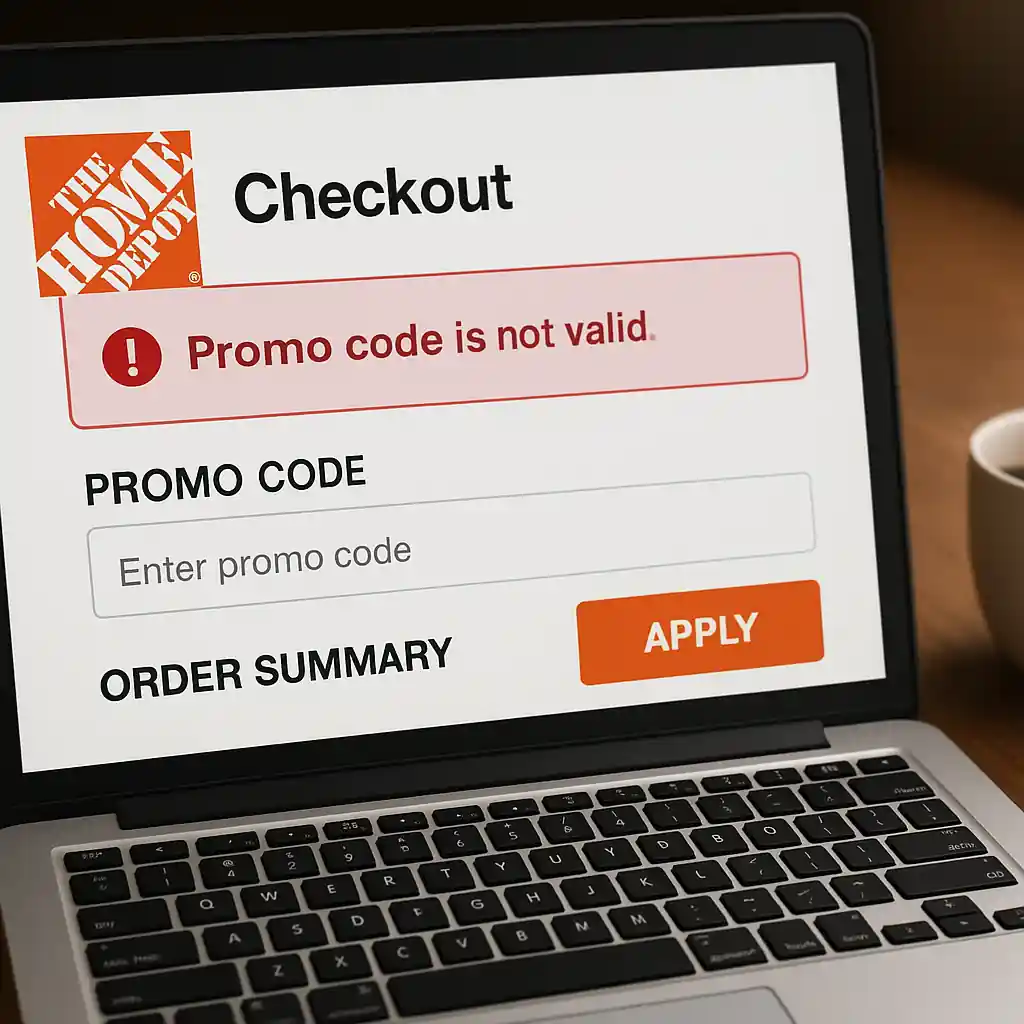 Laptop showing Home Depot checkout and promo code error message