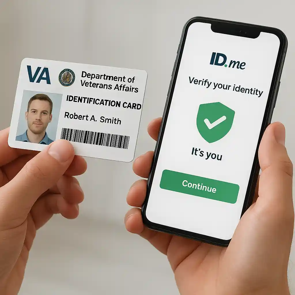 VA ID card and mobile verification screen demonstrating Home Depot veterans discount verification
