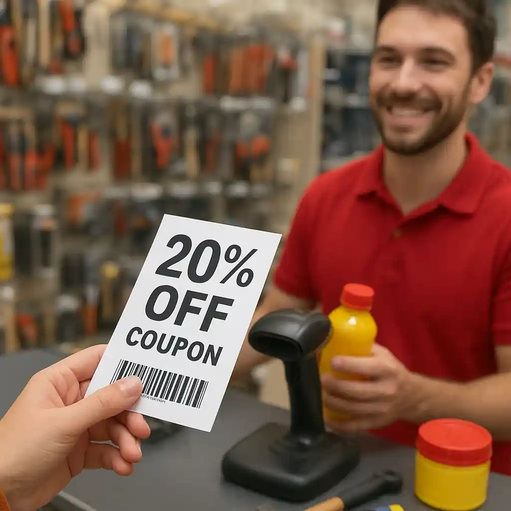 Shopper presenting a 20 percent off home depot coupon printable at a store checkout with cashier scanning barcode