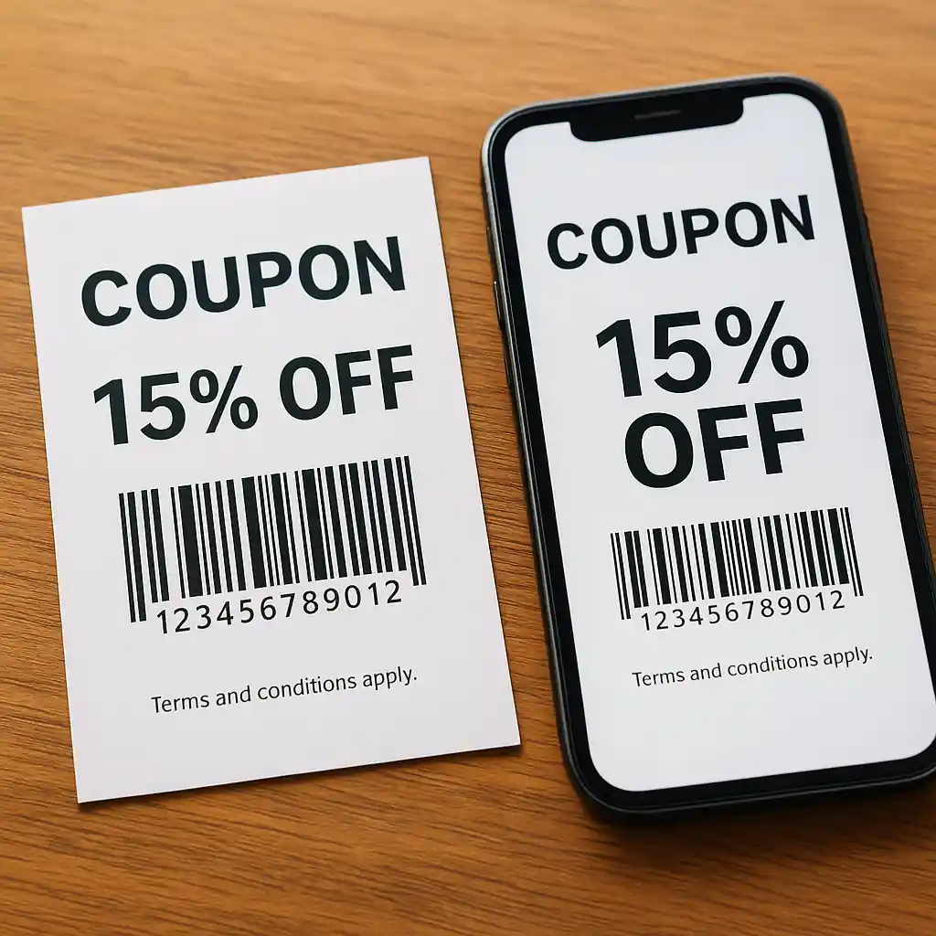 Printed 20 percent off Home Depot coupon printable beside smartphone with digital coupon