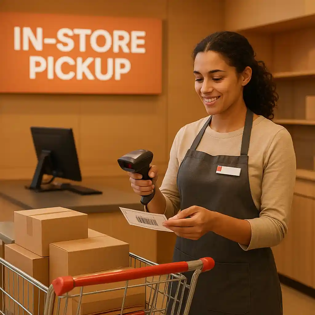 Customer service associate scanning a printed coupon for a pickup order