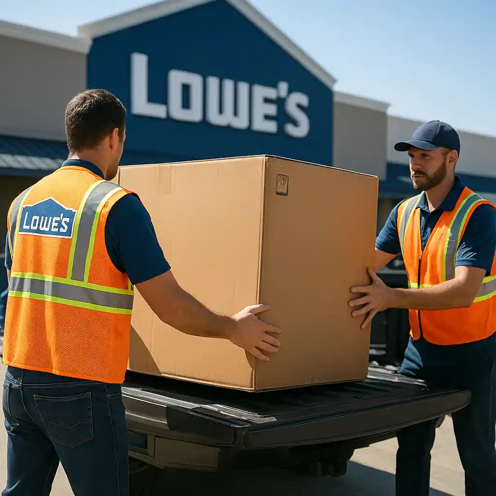 Appliance being loaded for pickup at a Lowe's store loading area
