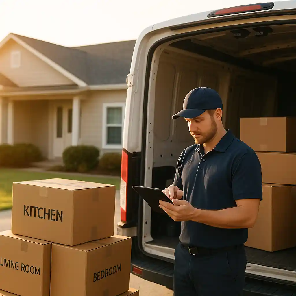 Delivery driver checking tablet while loading boxed home goods for freight or curbside pickup