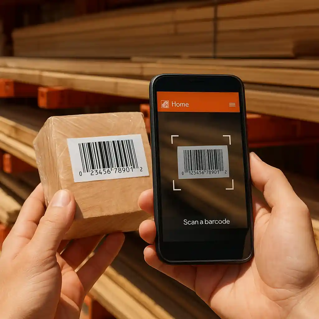 Shopper scanning a product barcode with the Home Depot app in the lumber aisle