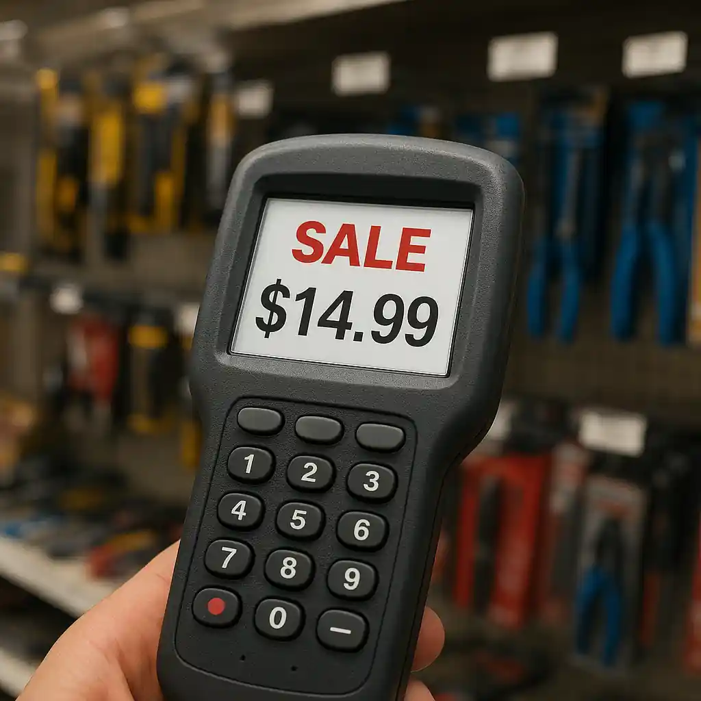 Handheld scanner showing a reduced price near store tool shelves