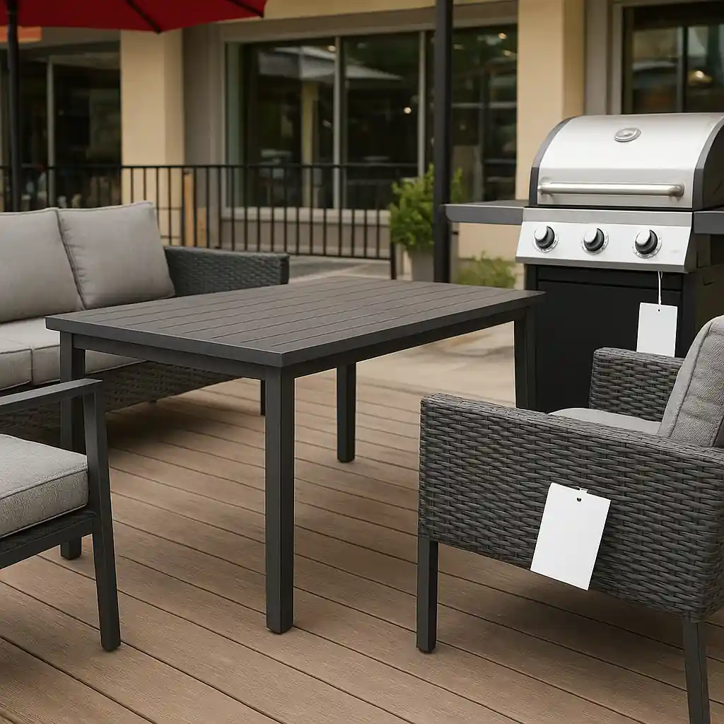 Discounted patio set and grill displayed outdoors for a seasonal sale