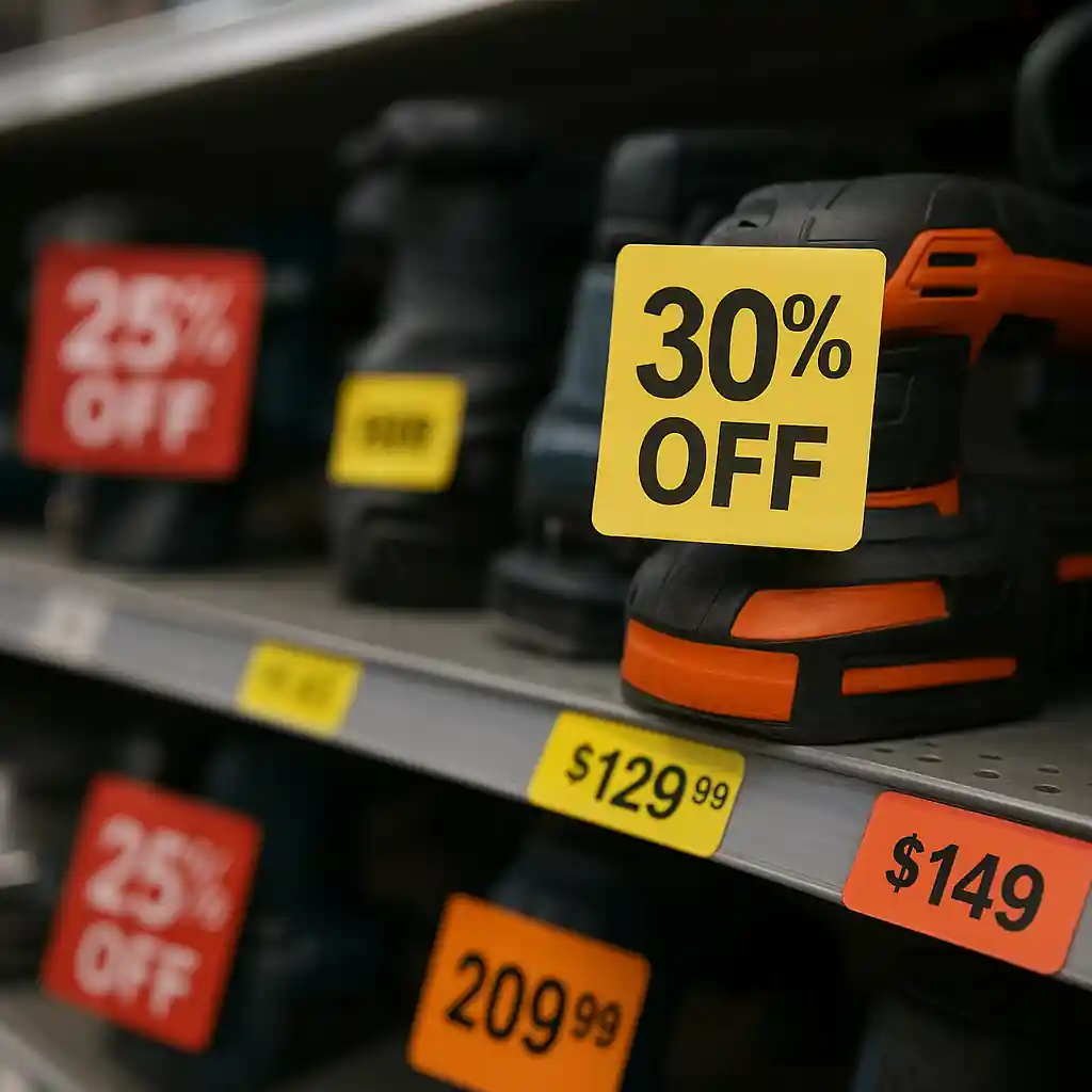 Price tags and markdown stickers on power tools and appliances