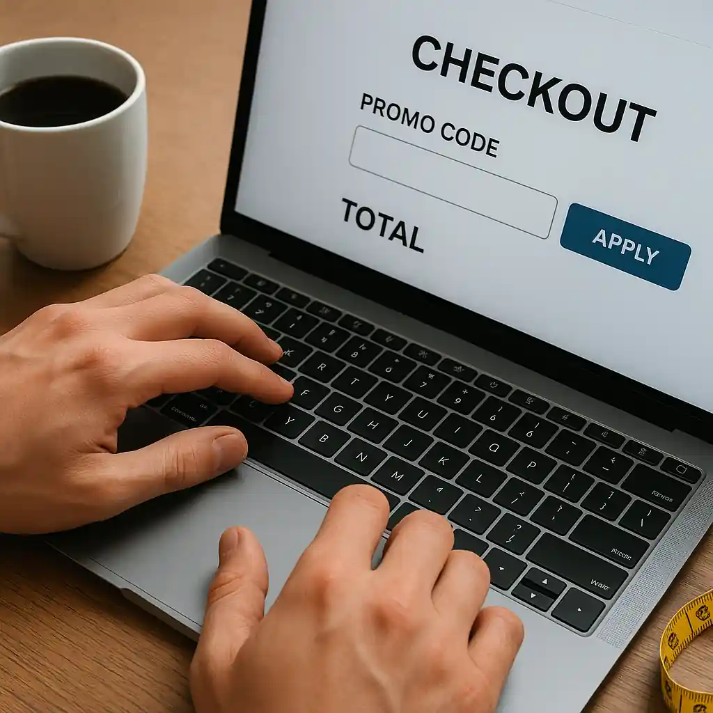 Entering a promo code during online checkout at a laptop